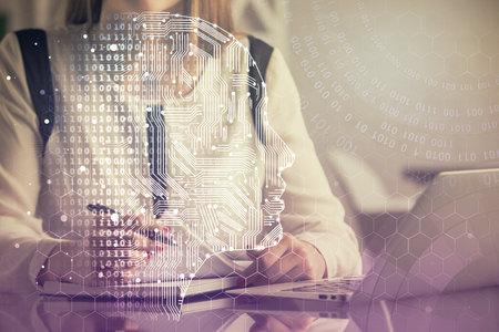 Multi exposure of woman hands working on computer and human brain hologram drawing. Ai tech concept.の写真素材