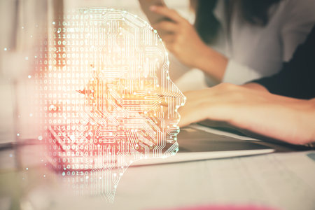 Multi exposure of woman hands working on computer and brain hologram drawing. Ai concept.の写真素材