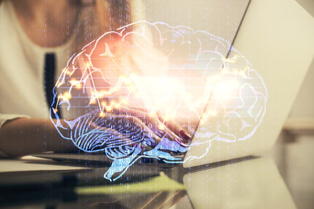 Multi exposure of woman hands working on computer and human brain hologram drawing. Ai tech concept.の写真素材