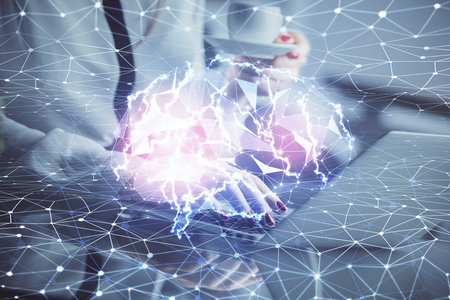Multi exposure of woman hands working on computer and human brain hologram drawing. Ai tech concept.の写真素材