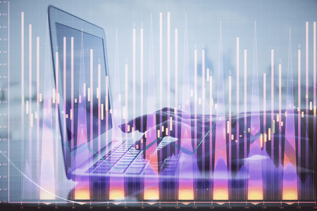 Double exposure of woman hands typing on computer and forex chart hologram drawing. Stock market analysis concept.の写真素材