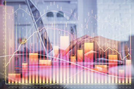 Double exposure of woman hands typing on computer and forex chart hologram drawing. Stock market invest concept.の写真素材