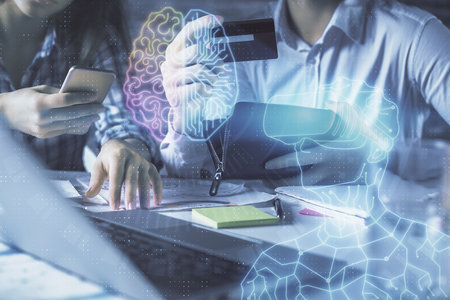 Double exposure of man and woman on-line shopping holding a credit card and human in AR glasses hologram drawing. Virtual reality Education E-commerce concept.の写真素材