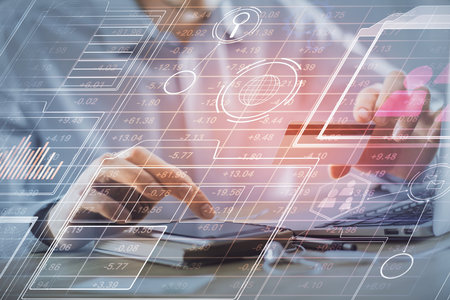 Double exposure of man hands holding a credit card and data theme drawing. E-commerce and technology concept.の写真素材