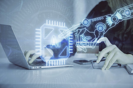 Double exposure of woman on-line shopping holding a credit card and data theme hologram drawing. E-commerce concept.の写真素材
