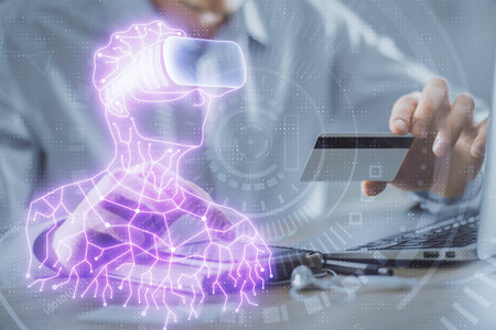 Double exposure of man hands holding a credit card and human in vr glasses drawing. Virtual reality and E-commerce concept.の写真素材