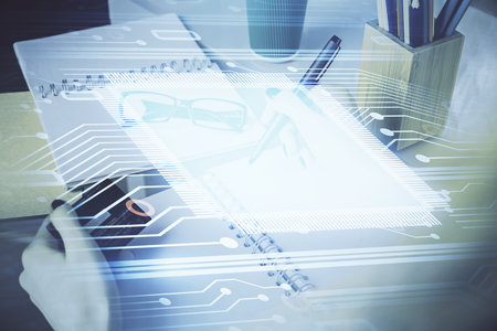 Double exposure of woman on-line shopping holding a credit card and data theme hologram drawing. E-commerce concept.の写真素材