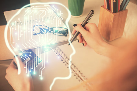 Double exposure of woman on-line shopping holding a credit card and brain hologram drawing. Data E-commerce concept.の写真素材