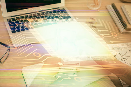 Multi exposure of technology drawing hologram and us dollars bills and man hands. Data conceptの写真素材