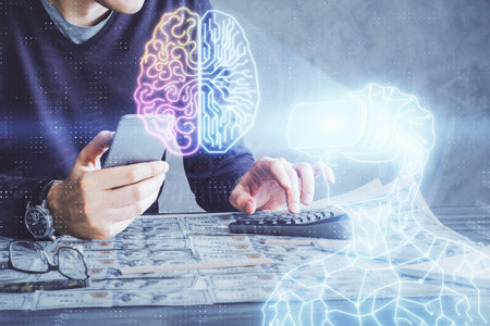 Double exposure of man's hands holding and using a digital device and AR glasses drawing. Virtual reality concept.の写真素材