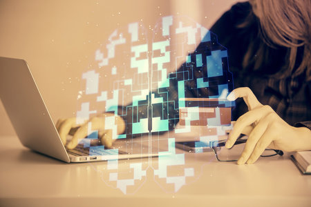 Double exposure of woman on-line shopping holding a credit card and data theme hologram drawing. E-commerce concept.の写真素材