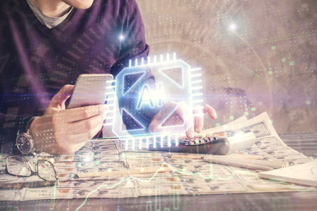 Multi exposure of man's hand holding and using a digital device and data theme drawing. Innovation concept.の写真素材