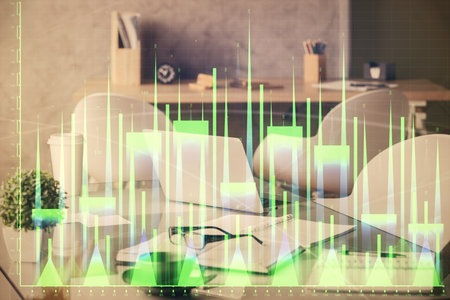 Double exposure of stock market graph drawing and office interior background. Concept of financial analysis.の写真素材