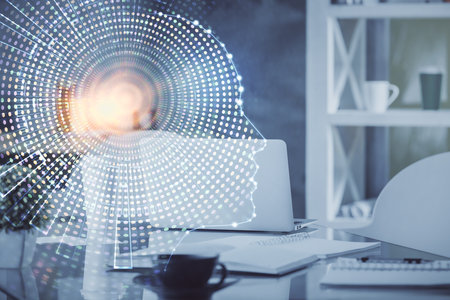 Double exposure of brain drawing and office interior background. Concept of data technology.の写真素材