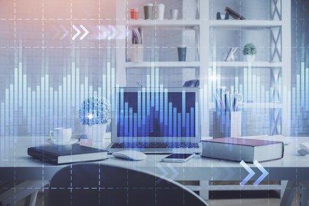 Double exposure of financial graph drawing and office interior background. Concept of stock market.の写真素材