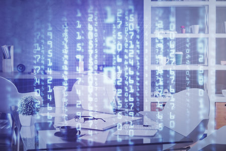 Double exposure of data theme drawing and office interior background. Concept of technology.の写真素材