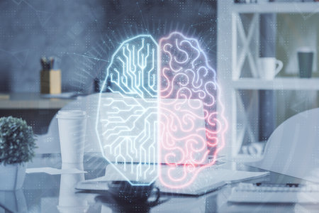 Double exposure of brain drawing and office interior background. Concept of data technology.の写真素材