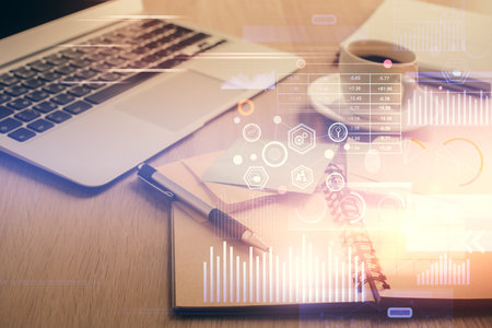 Multi exposure of technology theme drawing and desktop with coffee and items on table background. Concept of data research.の写真素材