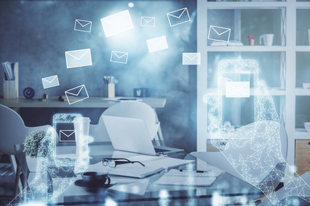 Multi exposure of envelops drawings and office interior background. E-mail concept.の写真素材