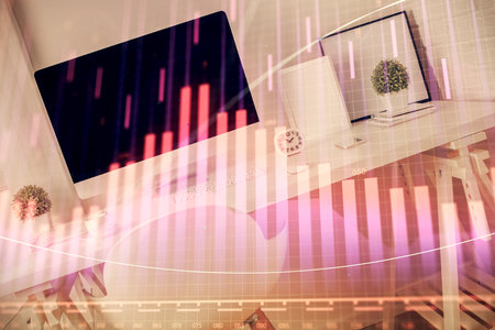 Double exposure of financial graph drawing and office interior background. Concept of stock market.の写真素材