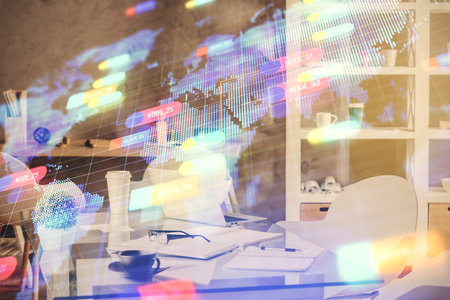 Double exposure of data theme drawing and office interior background. Concept of technology.の写真素材