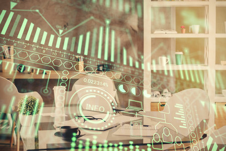 Double exposure of tech theme drawings and office interior background. Technology concept.の写真素材