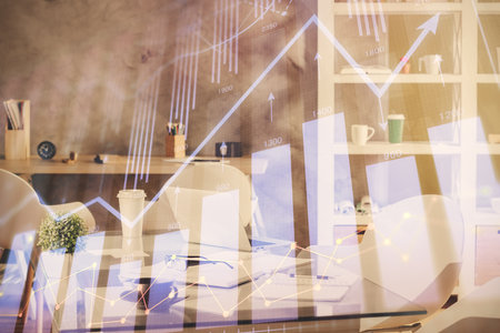 Multi exposure of stock market chart drawing and office interior background. Concept of financial analysis.の写真素材