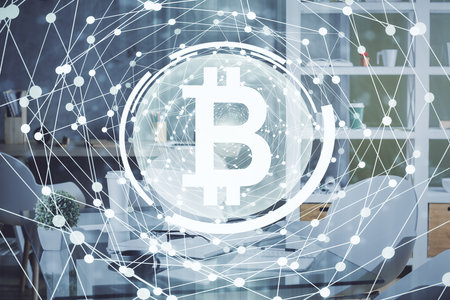 Double exposure of crypto technology theme drawing and office interior background. Concept of blockchain.の写真素材