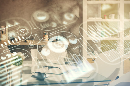 Double exposure of tech theme drawings and office interior background. Technology concept.の写真素材
