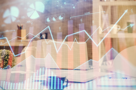 Double exposure of stock market graph drawing and office interior background. Concept of financial analysis.の写真素材