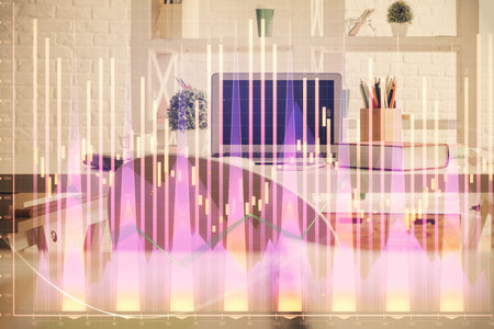Double exposure of financial graph drawing and office interior background. Concept of stock market.の写真素材