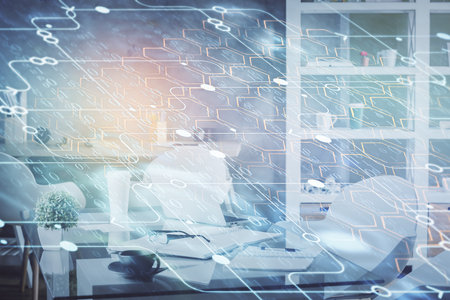 Double exposure of data theme drawing and office interior background. Concept of technology.の写真素材