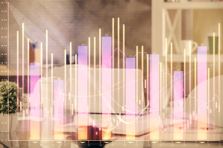 Double exposure of stock market graph drawing and office interior background. Concept of financial analysis.の写真素材