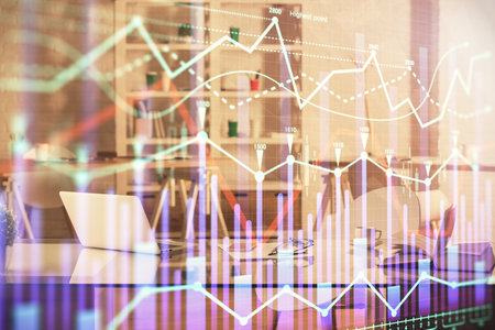 Multi exposure of stock market chart drawing and office interior background. Concept of financial analysis.の写真素材