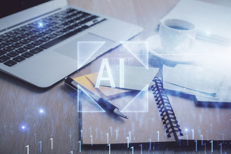 Multi exposure of technology theme drawing and desktop with coffee and items on table background. Concept of data research.の写真素材