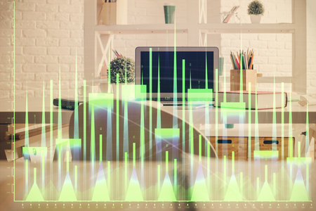 Double exposure of financial graph drawing and office interior background. Concept of stock market.の写真素材