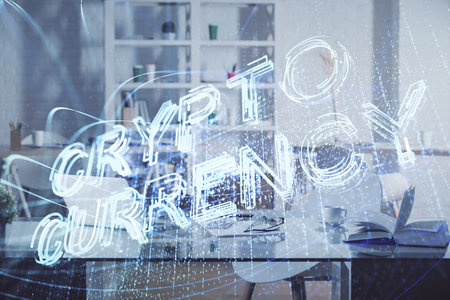 Double exposure of crypto technology theme drawing and office interior background. Concept of blockchain.の写真素材