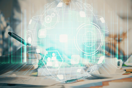 Double exposure of social network theme drawing over people taking notes background. Concept of human connectionの写真素材