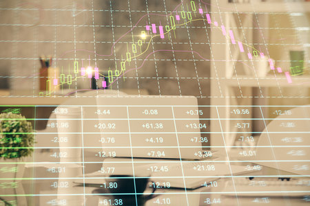 Double exposure of stock market graph drawing and office interior background. Concept of financial analysis.の写真素材