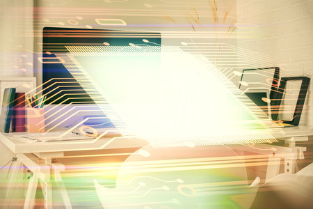Double exposure of data theme drawing and office interior background. Concept of technology.の写真素材