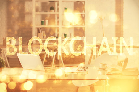 Double exposure of crypto technology theme drawing and office interior background. Concept of blockchain.の写真素材