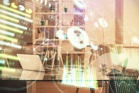 Multi exposure of data theme drawing and office interior background. Concept of technology.の写真素材
