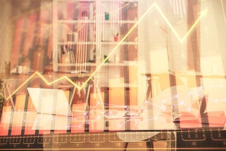 Multi exposure of stock market chart drawing and office interior background. Concept of financial analysis.の写真素材