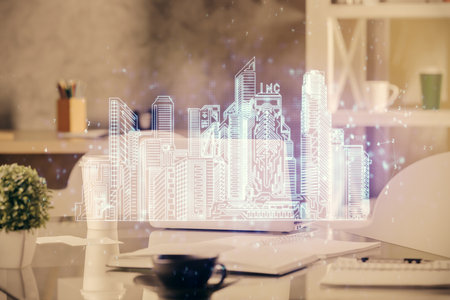 Multi exposure of town drawings and office interior background. Smart city concept.の写真素材