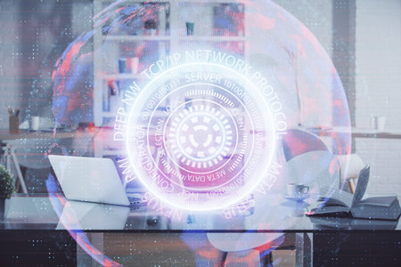 Double exposure of tech theme drawings and office interior background. Technology concept.の写真素材