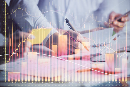 Double exposure of forex graph drawing over people taking notes background. Concept of financial analysisの写真素材