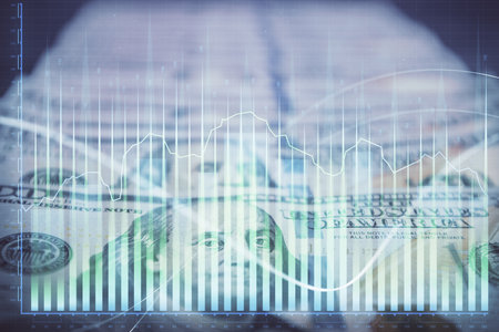 Double exposure of forex graph drawing over us dollars bill background. Concept of financial markets.の写真素材
