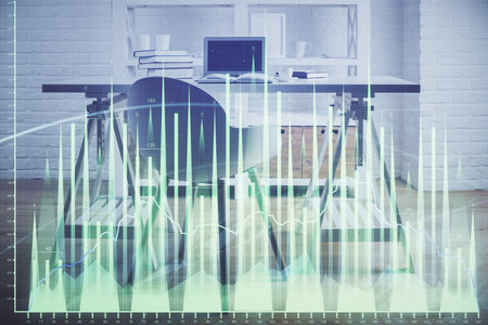 Double exposure of financial graph drawing and office interior background. Concept of stock market.の写真素材