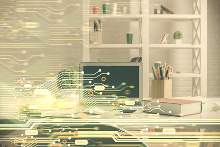 Double exposure of data theme drawing and office interior background. Concept of technology.の写真素材