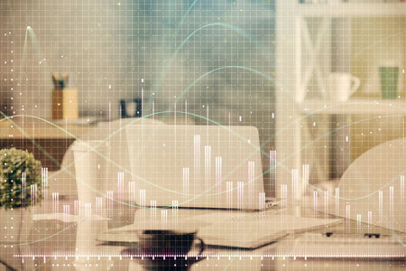 Double exposure of stock market graph drawing and office interior background. Concept of financial analysis.の写真素材